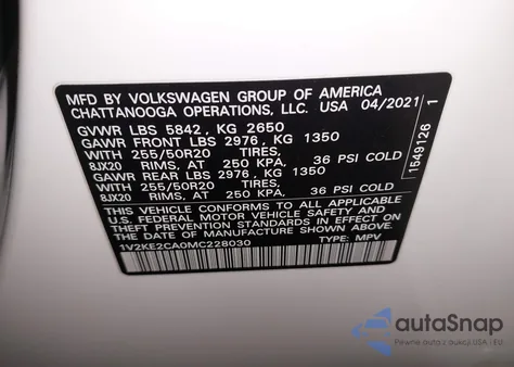 2021 Volkswagen Atlas Cross Sport 3.6L V6 Se W/Technology z USA, uszkodzony, nr VIN 1V2KE2CA0MC228030